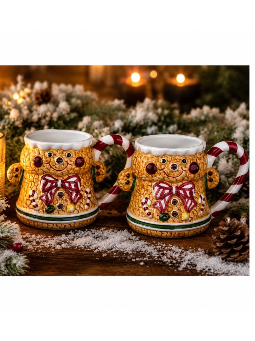 Vintage Style Gingerbread Cookie Mug Set with Candy Cane Handles